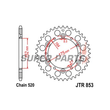 Πίσω γρανάζι -JT- JTR853,43, 43 δόντια, ατσάλινο, Kreideler 170 170 2004-2006, Yamaha DT 200 1989-1995, IT 200 1984-1986, SR 500 1991-1999, TT 250 1989-2004, TT 350 1986-1992, TT 600 1983-1992, 1996-2003, TT-R 250 1999-2006, WR 125/400 1998