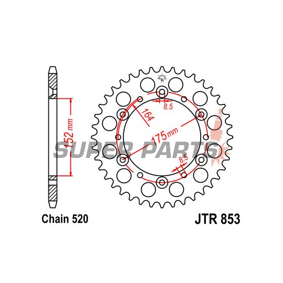 Πίσω γρανάζι -JT- JTR853,46, 46 δόντια, ατσάλινο, Kreideler 170 170 2004-2006, Yamaha DT 200 1989-1995, IT 200 1984-1986, SR 500 1991-1999, TT 250 1989-2004, TT 350 1986-1992, TT 600 1983-1992, 1996-2003, TT-R 250 1999-2006, WR 125/400 1998