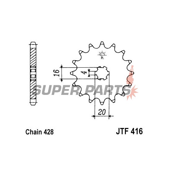 Μπροστινό γρανάζι -JT- JTF416,15, 15 δόντια, Suzuki RM 80 1997-2001, RM 85 2002-2018, Yamaha DT 175 1978-1981, RD 125 1976-1977, RS 125 1976, YZ 80 1984, 1993-2001