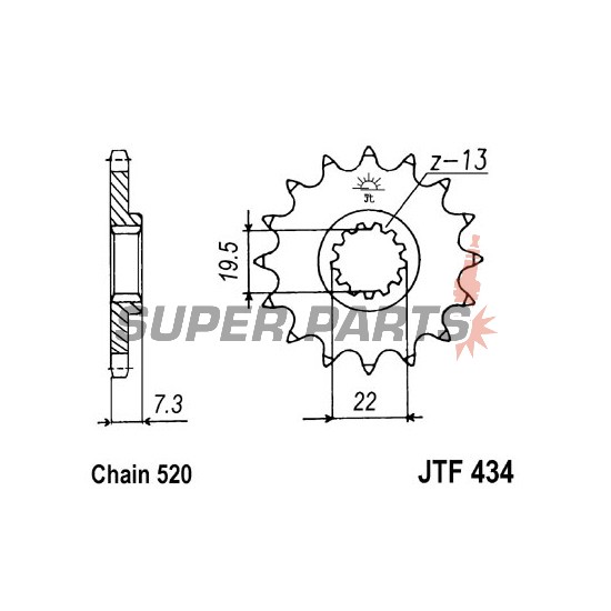 Μπροστινό γρανάζι -JT- JTF434,13, 13 δόντια, Suzuki DR 400 1980-1981, DR 500 1981-1983, GF 250 1988, GN 250 1982-1999, GZ 250 1999-2000, 2004-2012, SP 370 1979-1980, SP 400 1979, TU 250 1997-2001, 2009-2019, VL 250 2000-2007, 2012