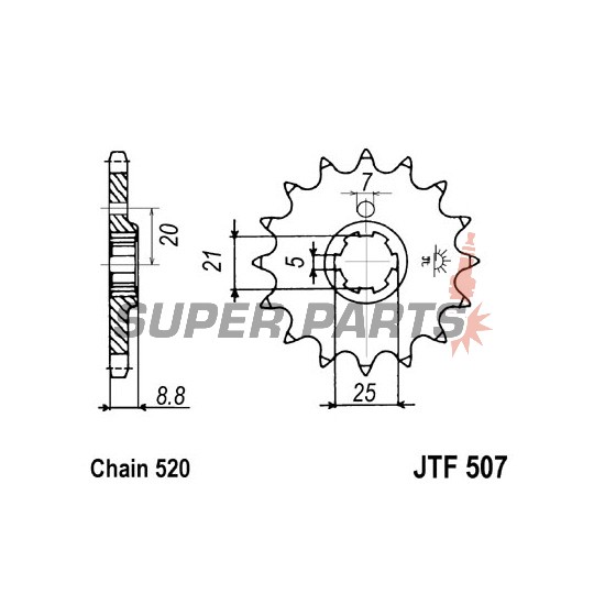 Μπροστινό γρανάζι -JT- JTF507,15, 15 δόντια, Cagiva WMX 250 1989-1992, Husqvarna CR 250 1990-1997, CR 360 1992-1994, WR 250 1990-1998, WR 360 1992-2002, Kawasaki KDX 250 1982-1985, KX 250 1979-1986, KX 420 1980, KX 500 1983-1986