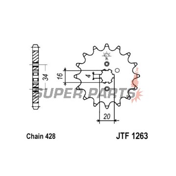 Μπροστινό γρανάζι -JT- JTF1263,17, 17 δόντια, Suzuki TF 100/185 1981, TF 125 1979-2011, Yamaha AG 200 1984-2006, FZR 250 1989-1991, RT 180 1990-1998, SR 125 1995-2003, TZR 125 1987-1993, XT 125 2005-2007, XT 225 1992-2007