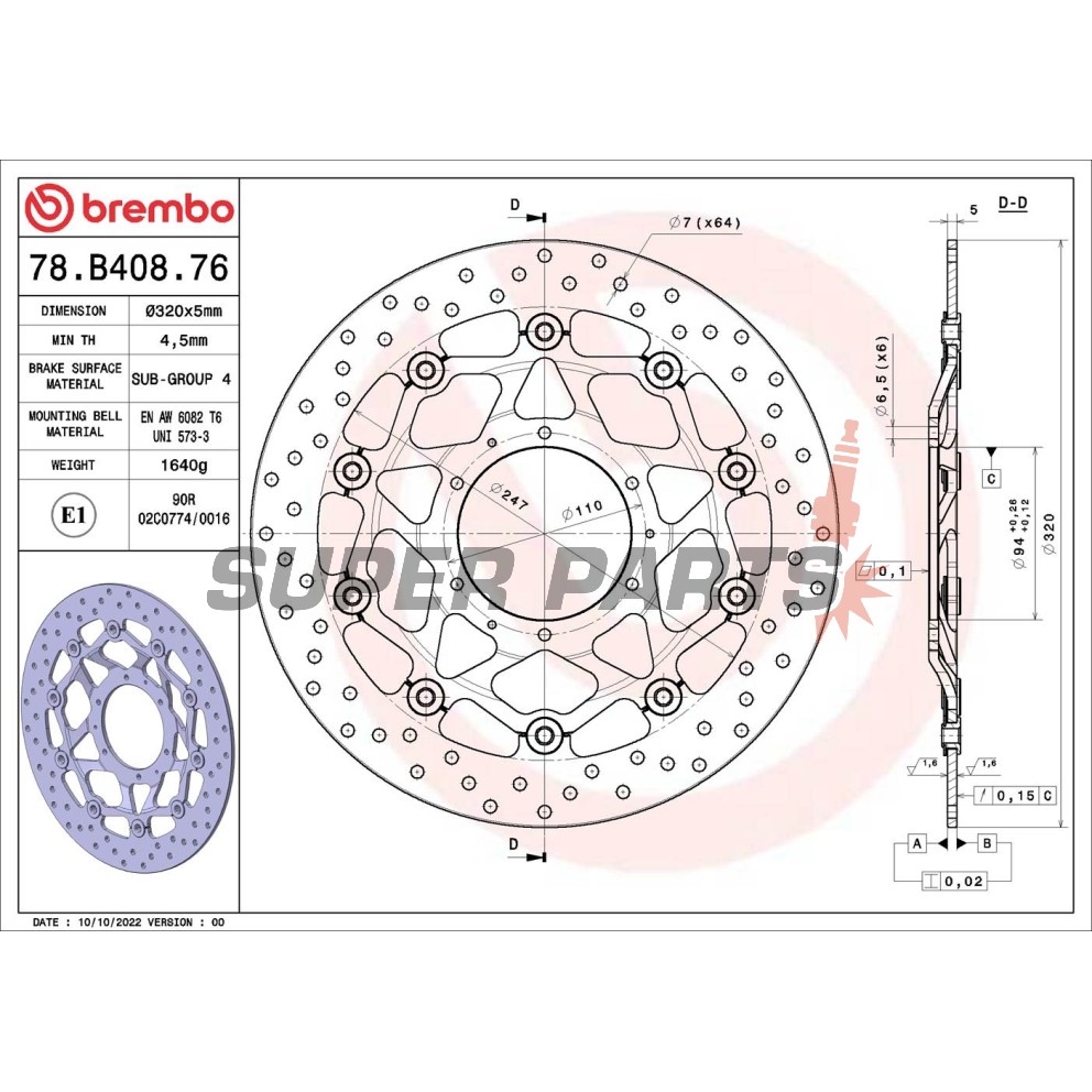 Δίσκος φρένου -BREMBO- 78B40876, Honda CBR1000RR/1000RA Fireblade & Fireblade ABS (2009-2015)