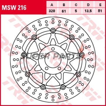 Δίσκος φρένου -TRW- MSW216, 320mm, Kawasaki VN Mean Streak 1500/1600, ZX-7R/RR, ZX-9R, ZX-12R Ninja, ZXR 750, ZZR 1100/1200 (1989-2008) Suzuki VZ 1600 Marauder (2004-2005)