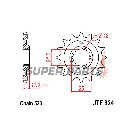 Μπροστινό γρανάζι -JT- JTF824,16, 16 δόντια, Husqvarna CR 125/250 2000-2005, SM 450 2005-2010, SM 510 2004-2010, SM 530 2008-2009, SM 570 2001-2004, SM 610 1998-2010, SM 630 2010, SMR 450 2003-2010, SMS 630 2010-2011, TC 250 2002-2008