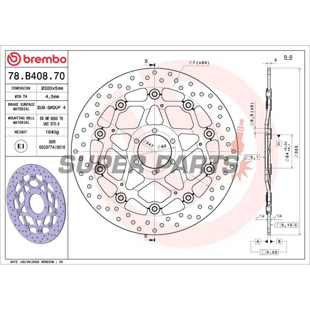 Δίσκος φρένου -BREMBO- 78B40870, Aprilia Mana, RS, RSV, Shiver, Tuono/Benelli TnT, Tornado/Cagiva Mito/Ducati Monster, SS, ST, Sport/KTM Duke, RC8, Super Duke/Moto Guzzi V11/Yamaha FZR, TDR, XJR (1987-2015)