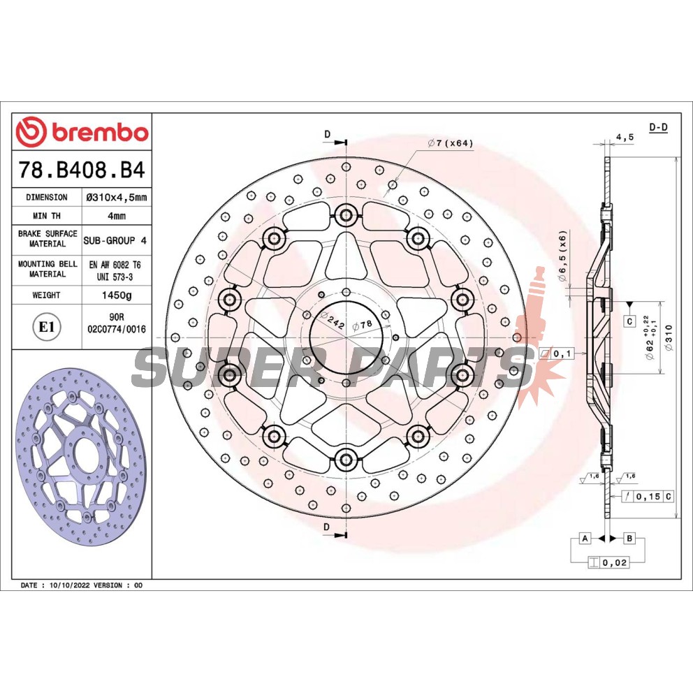 Δίσκος φρένου -BREMBO- 78B408B4, Honda CRF1000L Africa Twin