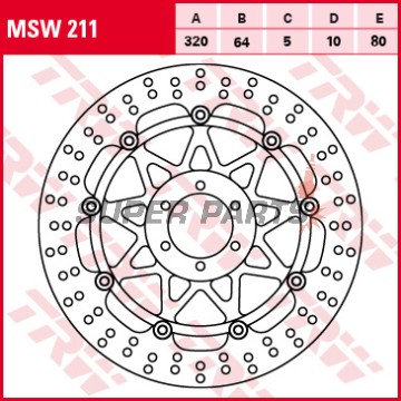 Δίσκος φρένου -TRW- MSW211, 320mm, Aprilia RS, RSV, Tuono, Shiver, Dorsoduro, Benelli TnT, Tornado, Ducati Monster, 748/916/996, SS, ST, KTM Duke, Super Duke, RC8, Moto Guzzi Griso, Breva, Norge, V11, Yamaha FZR, XJR, TDR