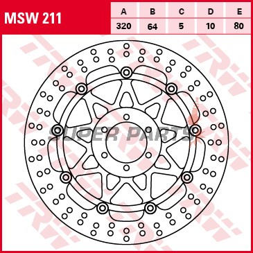 Δίσκος φρένου -TRW- MSW211, 320mm, Aprilia RS, RSV, Tuono, Shiver, Dorsoduro, Benelli TnT, Tornado, Ducati Monster, 748/916/996, SS, ST, KTM Duke, Super Duke, RC8, Moto Guzzi Griso, Breva, Norge, V11, Yamaha FZR, XJR, TDR