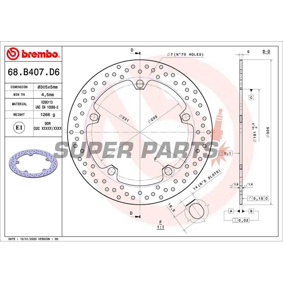 Δίσκος φρένου -BREMBO- 68B407D6, BMW F 800, K 1200, R 850-1200 GS/S/C (1994-2018)