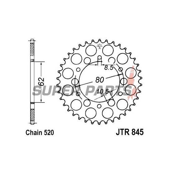 Πίσω γρανάζι -JT- JTR845,46, 46 δόντια, ατσάλινο, Yamaha DT 200 1985, IT 125 1980-1981, IT 175 1977-1979, SR 250 1980-1996, SRX 250 1987, TT 250 1980-1982, XT 250 1980-1992, YZ 100 1976-1981, YZ 125 1977