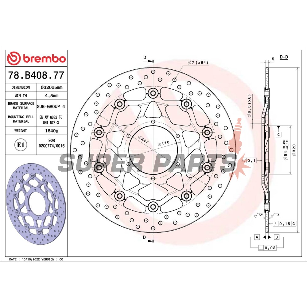 Δίσκος φρένου -BREMBO- 78B40877, Honda CBR1000RR Fireblade/VTR1000 SP1, SP2 Racing (2000-2007)