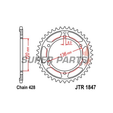 Πίσω γρανάζι -JT- JTR1847,55, 55 δόντια, ατσάλινο, Yamaha FZR 250 1989, FZR 400 1988-1995, SRX 600 1990-1994, TDR 125 1993-2002, TZR 125 1996-2000, TZR 80 1996, XT 250 2008-2018