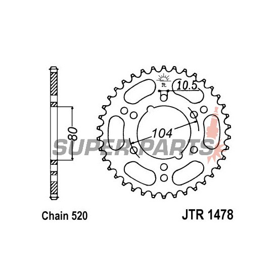 Πίσω γρανάζι -JT- JTR1478,38, 38 δόντια, ατσάλινο, Kawasaki GPZ 400 1984-1989, 1991-1997, GPZ 550 1984-1992, KXT 250 1984-1985, Z 400 1984, ZX 1000 2013-2019, ZX 400 1984-1987, ZX-10R 1000 2006-2007, ZX-6R 600 1998-2004, ZX-6R 636 2003-2004
