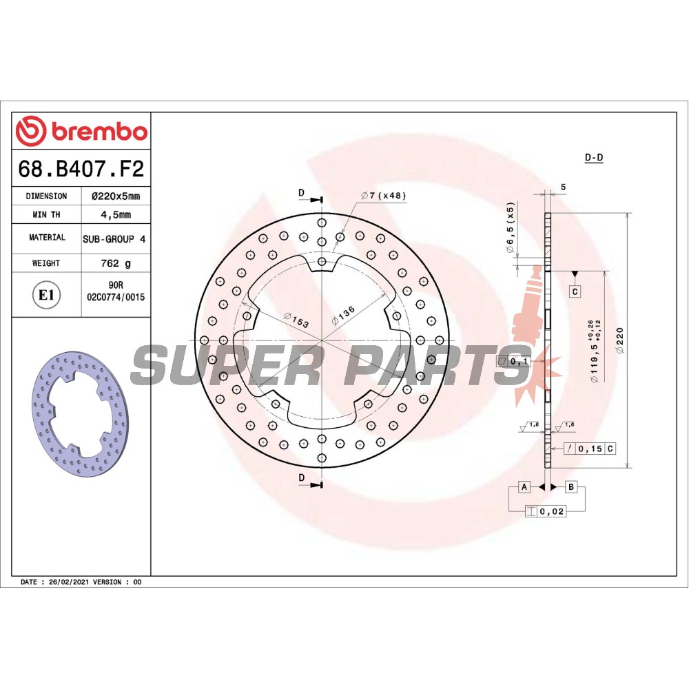 Δίσκος φρένου -BREMBO- 68B407F2, BMW S 1000R/1000RR/HP4 (2009-2015)