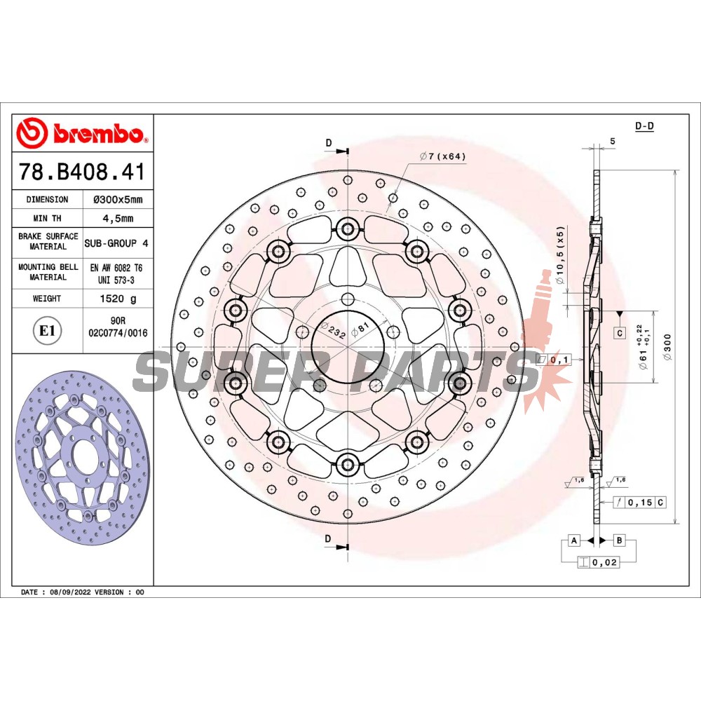Δίσκος φρένου -BREMBO- 78B40841, Kawasaki GPZ1100, GTR1000, Z750/Z1000, ZR550 Zephyr, ZR-7 750S, ZX-12R 1200 Ninja, ZX-14R 1400 Ninja, ZX-6R 600 Ninja, ZZR600D/600E