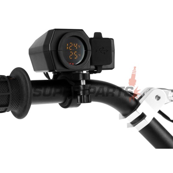 Αντάπτορας USB -4 RIDE- 12V, 2xUSB (Type C) + βολτόμετρο, με βάση καθρέφτη/τιμόνι 22mm - universal