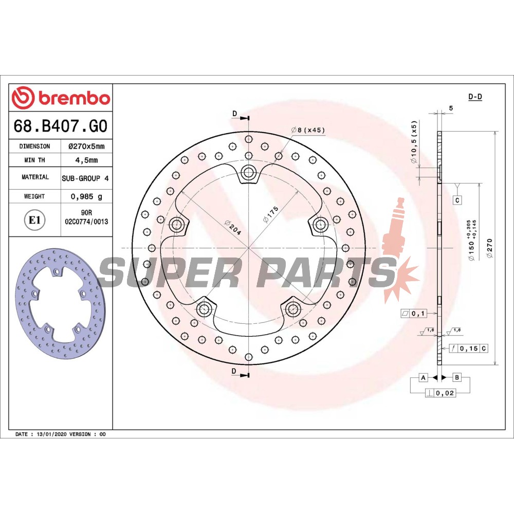 Δίσκος φρένου -BREMBO- 68B407G0, Aprilia RS50, Scarabeo 200/400 IE Light, Tuono 50/125; BMW C600 Sport/C650GT/C650 Sport, BMW C1 125; FB Mondial Piega 999/1000/Evo; MBK XQ Thunder 125