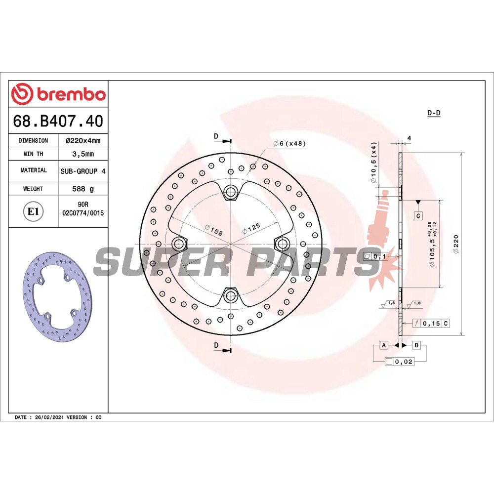 Δίσκος φρένου -BREMBO- 68B40740, Honda CBR 125R, SH/PS scooters, XR 250R/400R