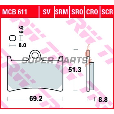 Τακάκια φρένων -TRW- MCB611SCR, αγωνιστικά, Yamaha BT Bulldog 1100, FJ-09 900, FJR 1300, FZ1 1000, FZ6 600, FZ8 800, FZS Fazer 600/1000, MT-01/07/09/10, TDM 900, XJR 1300, Tmax 530, XSR 700/900, XT 1200, XV 1700/1900, YZF/R1/R6/R7 600-1000 - 1996-2024