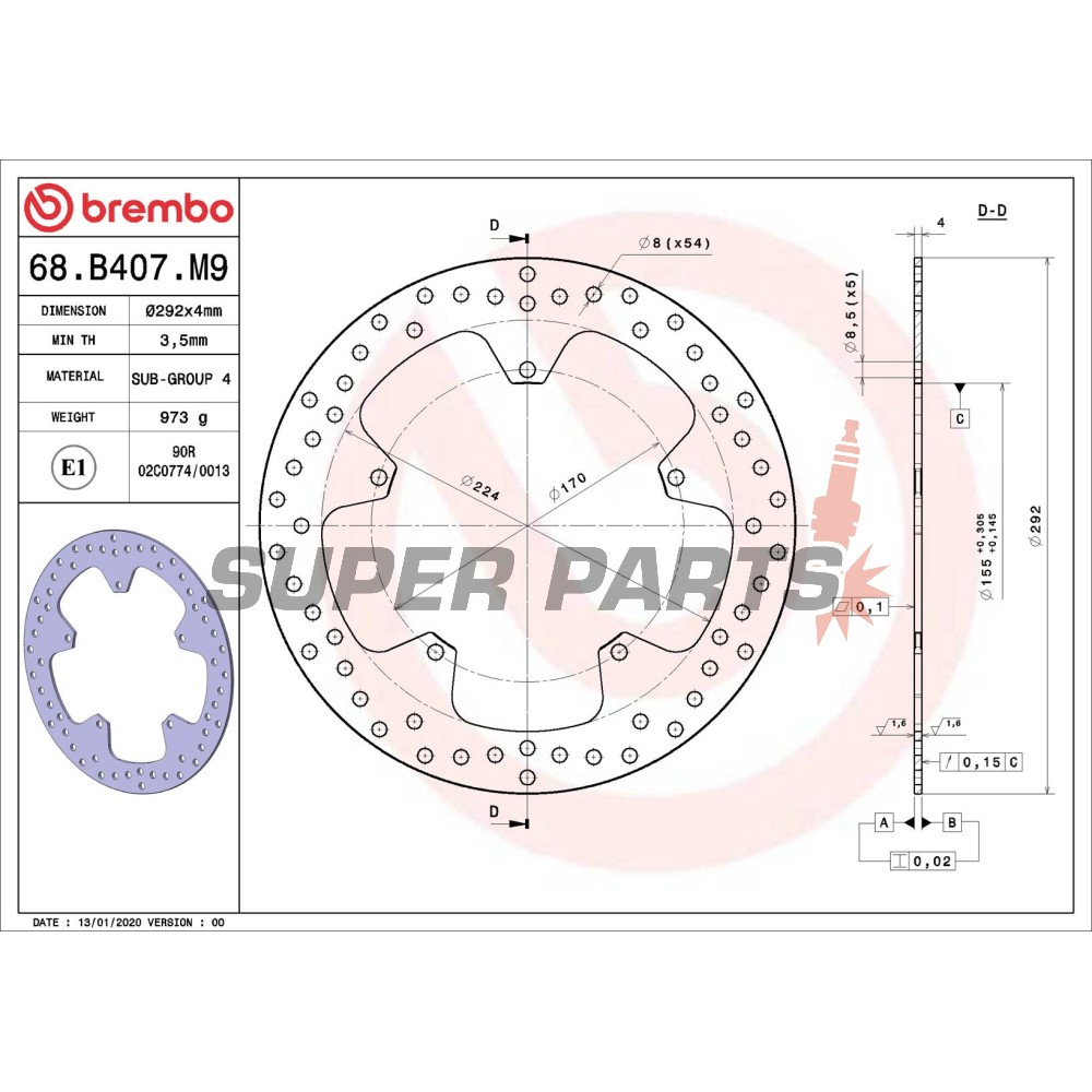 Δίσκος φρένου -BREMBO- 68B407M9, Yamaha YZF-R125 125 (2008-2013)