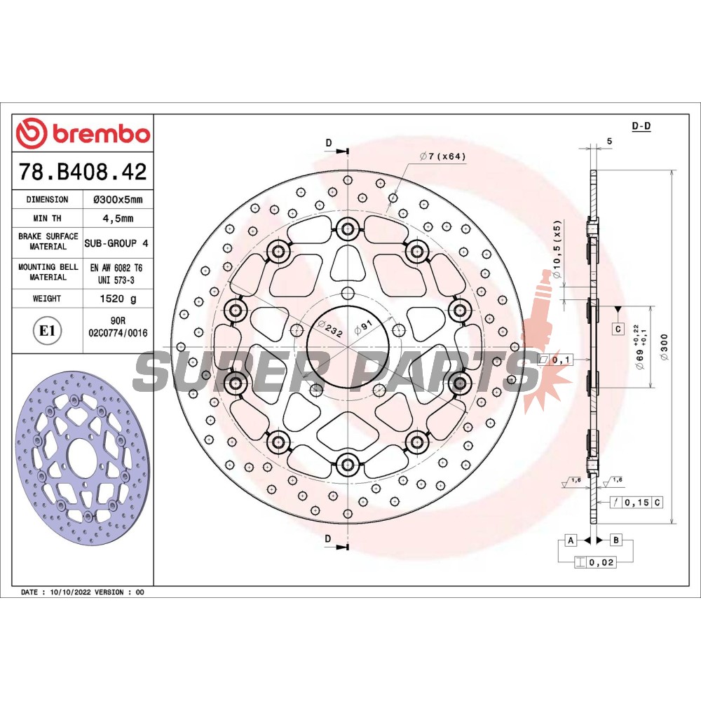 Δίσκος φρένου -BREMBO- 78B40842, Suzuki GSX-R 600/750/1000 (2003-2005)