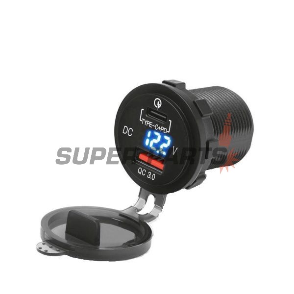 Αντάπτορας, αναπτήρας τσιγάρων -4 RIDE- 12V, 3.6A, USB 3.0 + PD (Power Delivery - type C), βολτόμετρο, 2 pin - universal