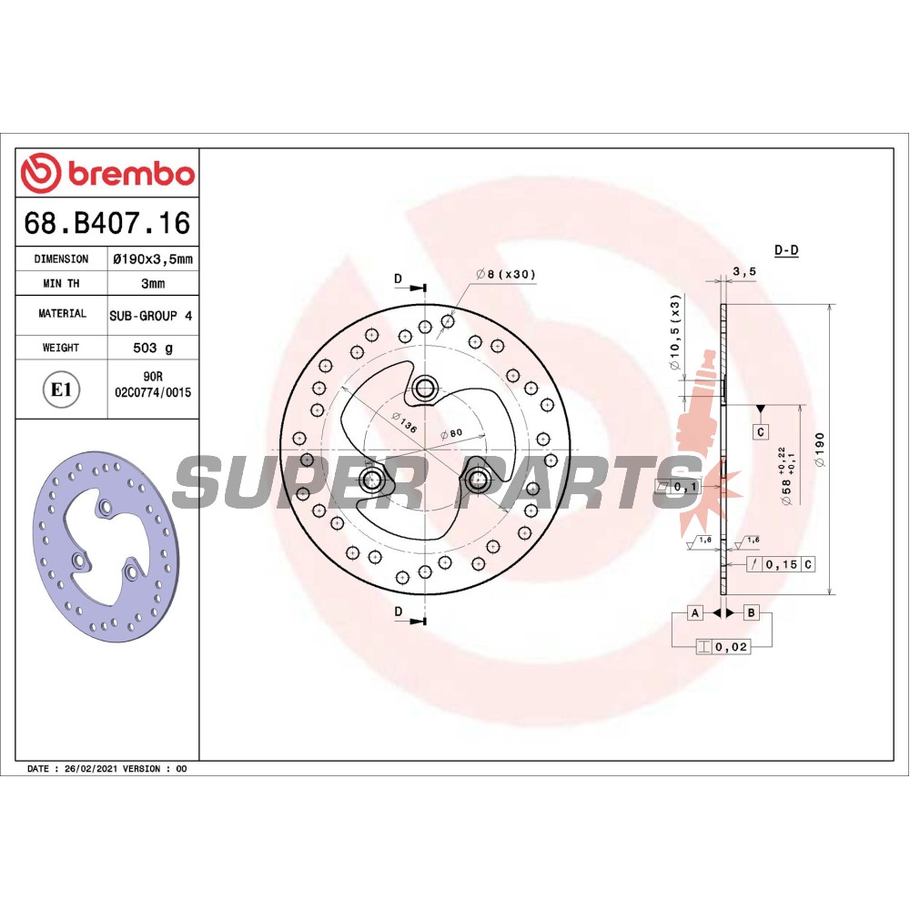Δίσκος φρένου -BREMBO- 68B40716, Benelli 491, K2, Naked; Beta Ark, Eikon, Quadra; Honda Bali, SJ, Sky; MBK Booster, Stunt, Nitro; Peugeot Buxy, Elyseo, Elystar, Jet Force, Looxor, Ludix, SV, Speedake, Squab, TKR, Vivacity (1990s-2006)