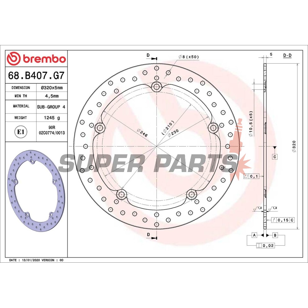 Δίσκος φρένου -BREMBO- 68B407G7, Honda NC 700S/NC 750S/NC 750X/NC 750X DCT/NC 750S DCT (2012-2015)
