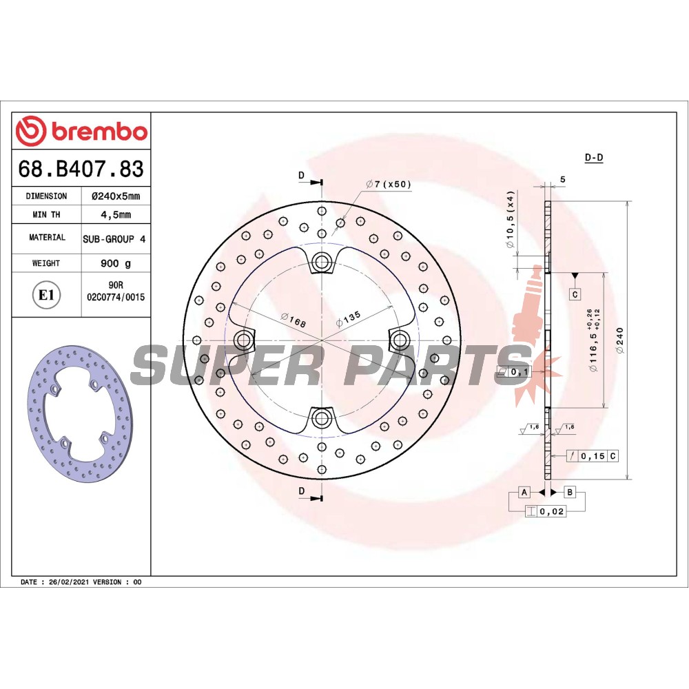 Δίσκος φρένου -BREMBO- 68B40783, Honda CB Hornet 600 (2007-2012), Honda CBF 500/600/1000 ABS (2004-2012)