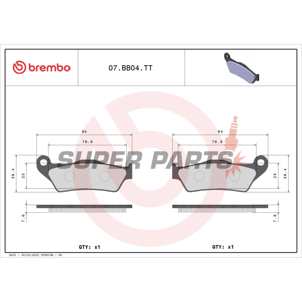 Τακάκια φρένων -BREMBO- 07BB04TT, Aprilia Pegaso & MX, Cagiva Elefant, Ducati Monster & Multistrada, Gas Gas EC, Gilera Nexus, Husaberg FE/FC, Husqvarna TE/WR/SM, KTM EXC/LC4/SX, MBK Doodo, Piaggio X9, Suzuki Burgman, Yamaha TT & Majesty