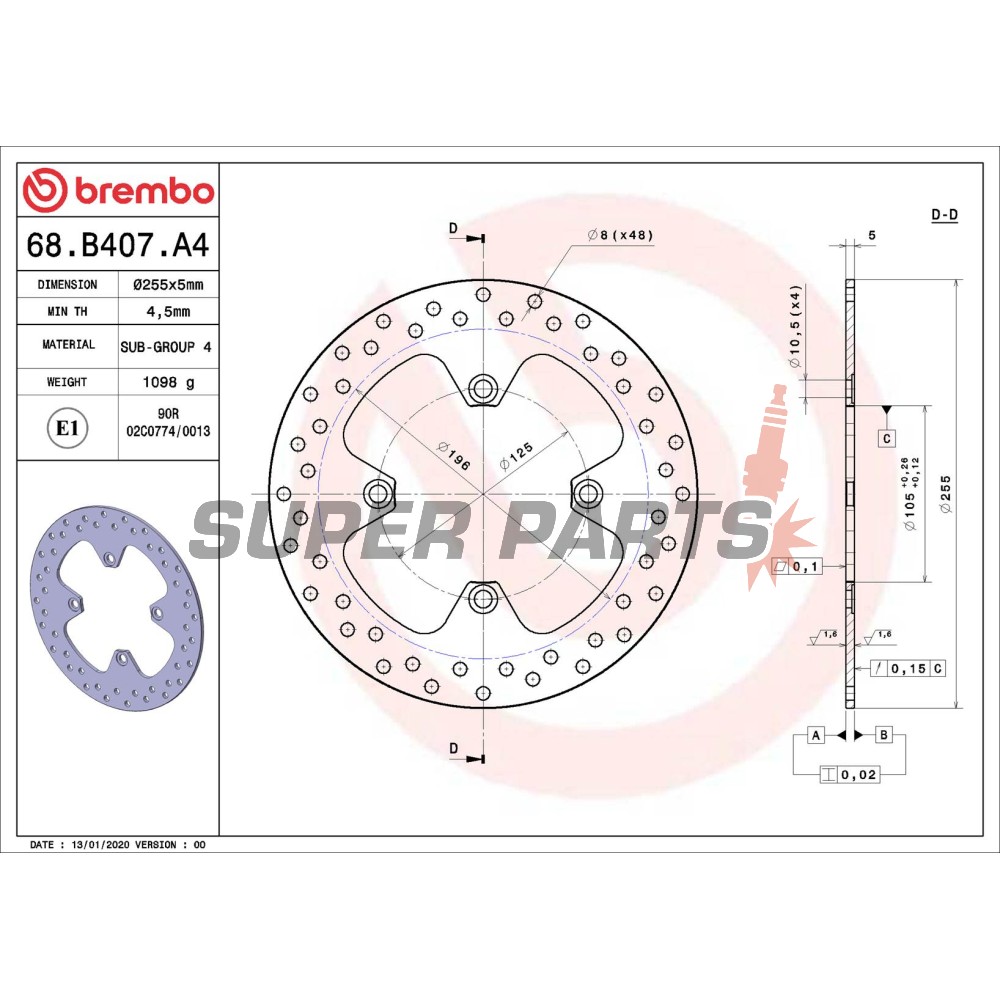 Δίσκος φρένου -BREMBO- 68B407A4, Triumph Sprint/Tiger 955-1050 (1999-2008)
