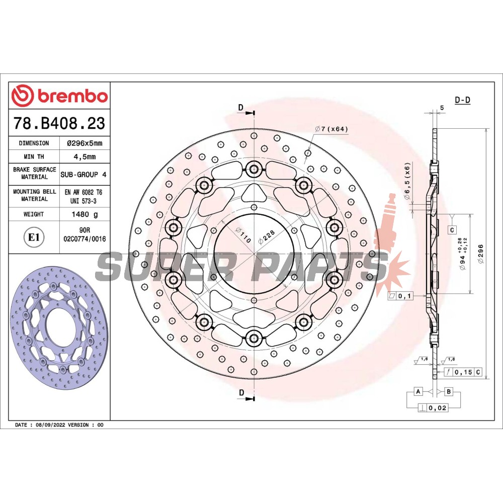 Δίσκος φρένου -BREMBO- 78B40823, Honda CBR600F, CBR600FS Sport, CBR600FA ABS (1999-2012)