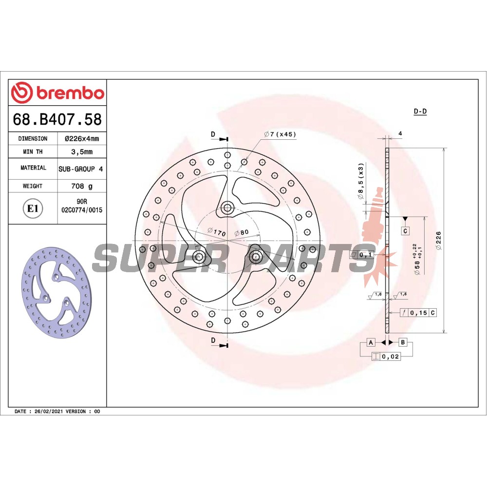 Δίσκος φρένου -BREMBO- 68B40758, Peugeot Elyseo 100/125/150, Elystar 125/150, Jet Force 125 (2003-2006)