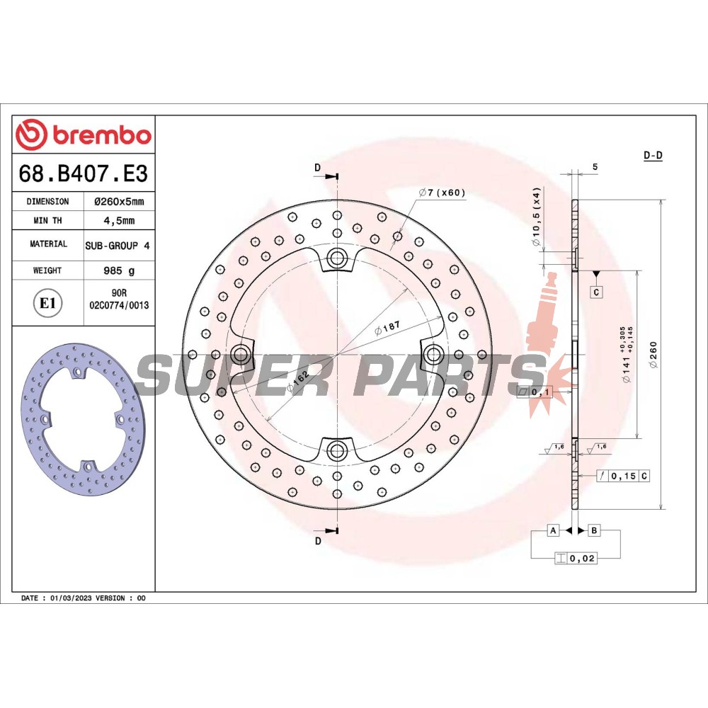 Δίσκος φρένου -BREMBO- 68B407E3, Kawasaki KLV 1000 (2004-2006)Suzuki DL (V-Strom) 650-1000 (2004-2021)