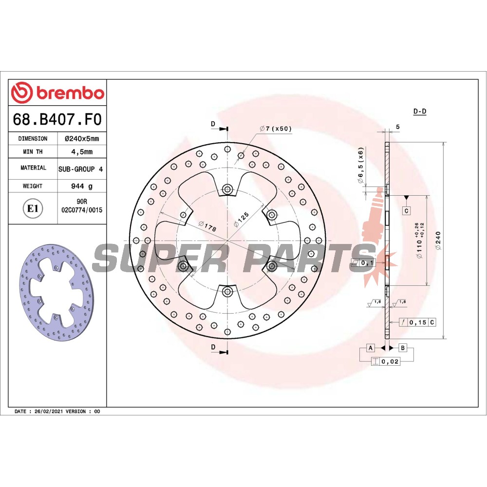 Δίσκος φρένου -BREMBO- 68B407F0, KTM Adventure 950 (2003-2005)/Duke 690 (2008-2011)/SM 690-990 (2007-2011)/Super Enduro 950 (2006-2008)/Supermoto 990 (2009)