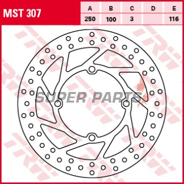 Δίσκος φρένου -TRW- MST307, 250mm, Kawasaki KDX200/220 (1986-2003)/KLX250 (2009-2013)/KX125/250/250F/250R (2003-2018)/KXE250 (2003-2006)/Suzuki DR125SM (2008-2013)/RM-Z250 (2004-2006)