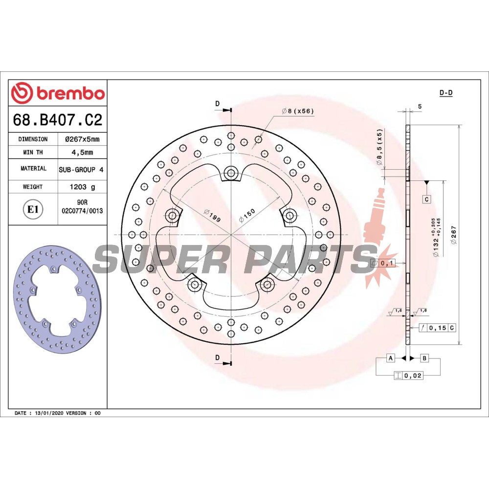 Δίσκος φρένου -BREMBO- 68B407C2, Yamaha FZ8/XP (Tmax)/YP (X-Max/Majesty) 125-800 (2001-2023)