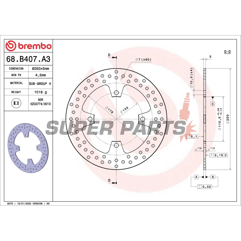 Δίσκος φρένου -BREMBO- 68B407A3, Kawasaki GTR/Z/ZZR 750-1400 (1984-2011)