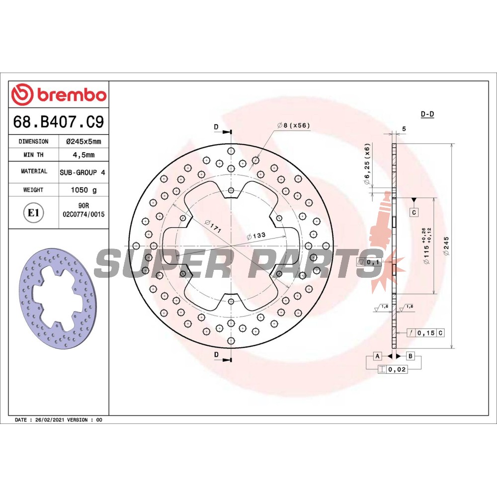 Δίσκος φρένου -BREMBO- 68B407C9, Yamaha FZR600 Genesis, FZS600 Fazer, RD500LC, SRX600, TDM850/900, TRX850, XJ600 Diversion, XT660R/x/Tenere, YZF600R Thunder Cat, YZF1000R Thunder Ace, YZF750R/SP/R7, YZF-R1 1000
