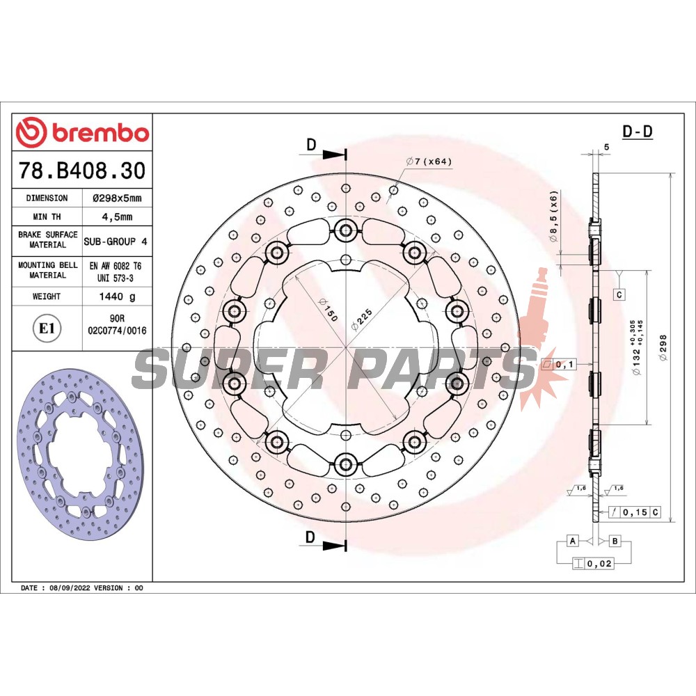 Δίσκος φρένου -BREMBO- 78B40830, Yamaha BT Bulldog 1100, FJR1300, FZS1000 Fazer, TDM900/ABS, XJ600N, XJR1300/SP, XV535 Virago & XV1700 Road Star Warrior, XVS1100 Drag Star/Classic, YZF600R Thunder Cat, YZF1000R Thunder Ace, YZF-R1 1000, YZF-R6 6