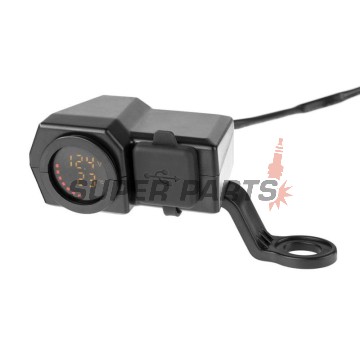 Αντάπτορας USB -4 RIDE- 12V, 2xUSB (Type C) + βολτόμετρο, με βάση καθρέφτη/τιμόνι 22mm - universal