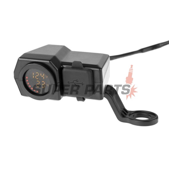 Αντάπτορας USB -4 RIDE- 12V, 2xUSB (Type C) + βολτόμετρο, με βάση καθρέφτη/τιμόνι 22mm - universal