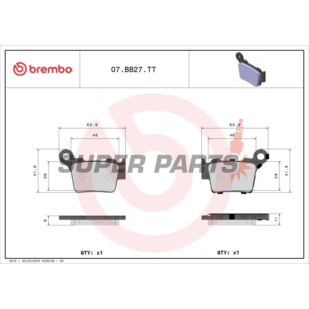 Τακάκια φρένων -BREMBO- 07BB27TT, BMW G450X 2008/Husqvarna CR125, SM450R-RR, SM510R, TC250-510, TE250-510, WR125 2005-2011/KTM EXC, EXC-F, MX, SMR, SX, SX-F 125-560 2000-2011/SWM MC250S, RS125R-340S, SM125R 2016