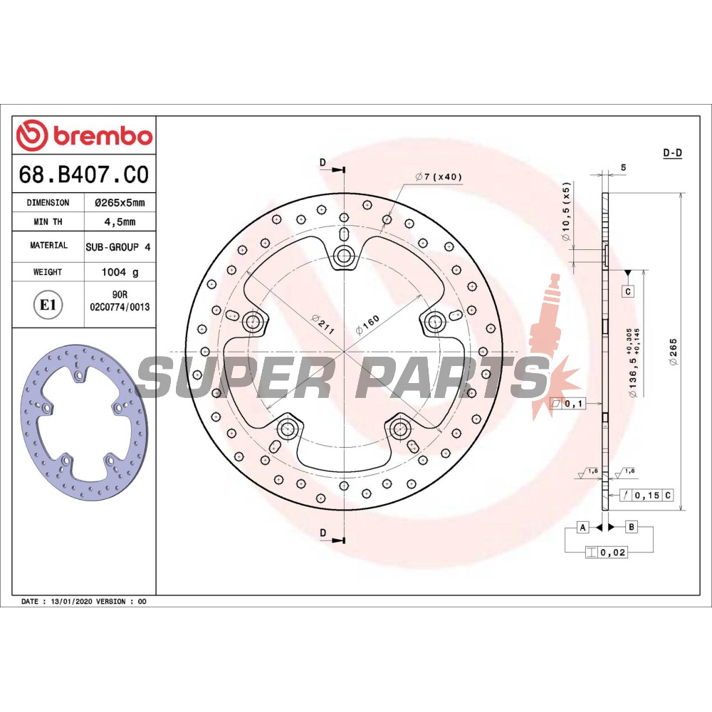 Δίσκος φρένου -BREMBO- 68B407C0, BMW F 650-800 (2006-2013)/HP2 1200 (2007-2008)/K 1200-1300 (2005-2011)/R 1200 (2004-2012)