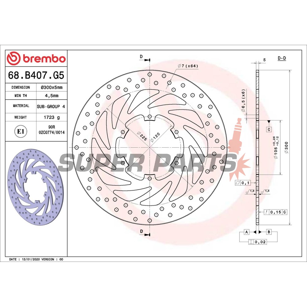 Δίσκος φρένου -BREMBO- 68B407G5, Aprilia ETX350/600, Pegaso 125/600/650/650ie/Trail/Tuscany Tibet Raid; BMW F650ST/F650GS Dakar/F650CS Scarver/F700GS/F800GS, BMW G650GS/Sertao