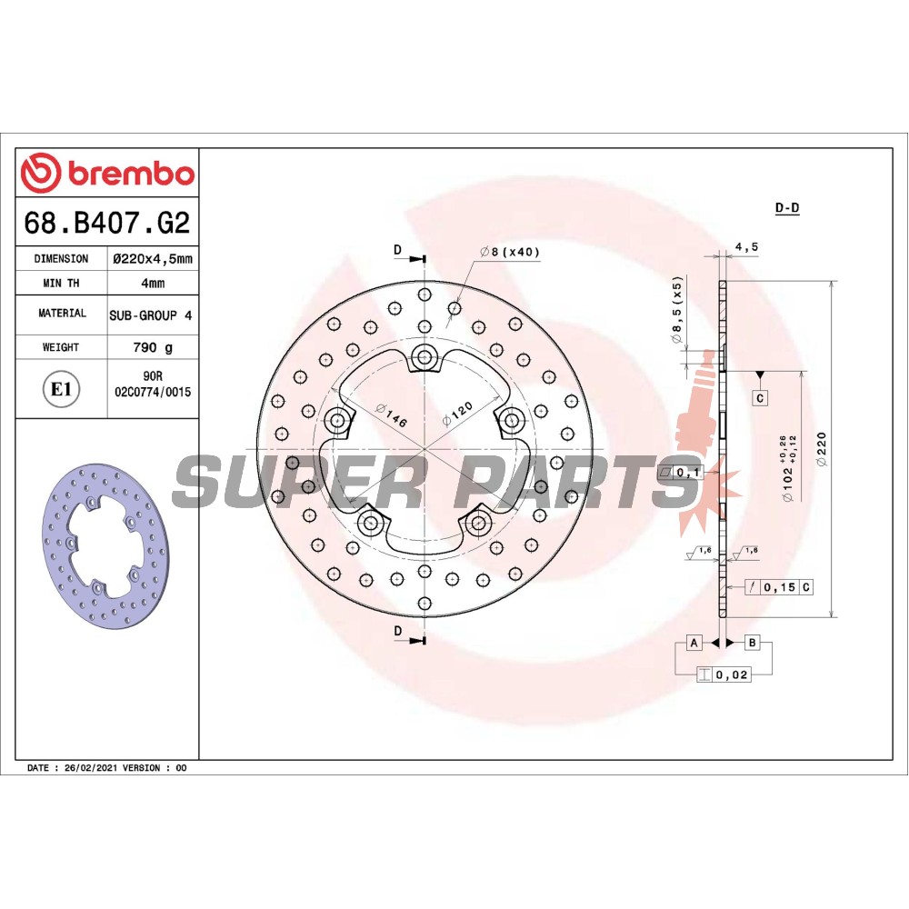 Δίσκος φρένου -BREMBO- 68B407G2, FB Mondial Piega/RZ/Starfighter 999-1000 (2004-2007)Yamaha XN/XQ (Teos/Maxster) 125-150 (2001-2004)